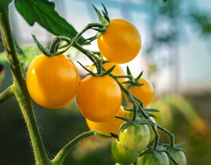 ripe yellow cherry tomatoes grow in the garden close up