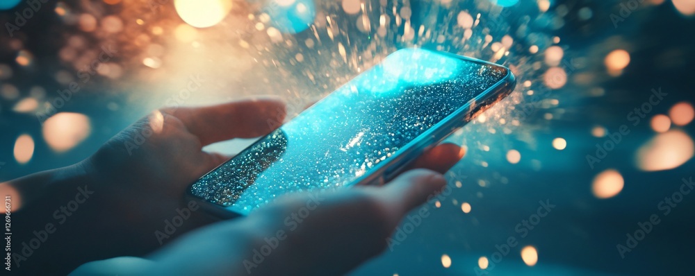 Poster Hands holding smartphone with exploding light particles effect