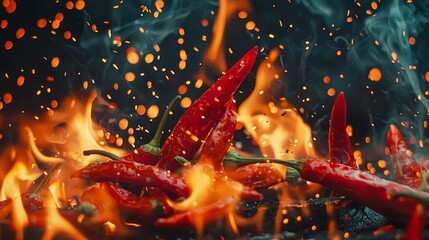 Bright red hot chili peppers are engulfed in intense flames, creating a vivid display of heat and passion. Their zest and aroma fill the air, sparking culinary inspiration and excitement