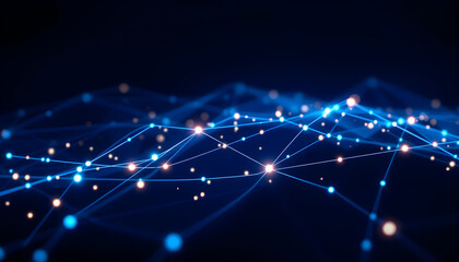 Network of illuminated nodes connected by glowing lines representing data, connections, and technology

