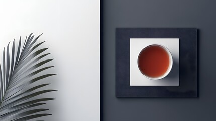 A modern composition featuring a steaming cup of tea, elegantly placed against a contrasting background with a tropical leaf.