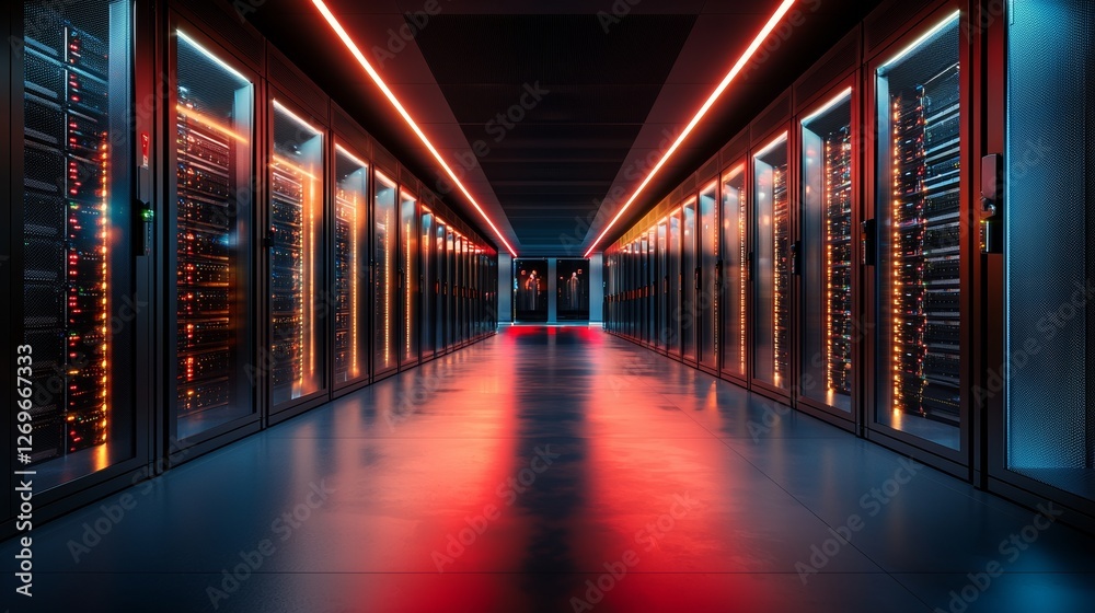 Poster the image features a modern data center with multiple rows of operational server racks, exemplifying