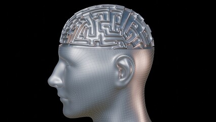 Human head with maze pattern. 3d render illustration.