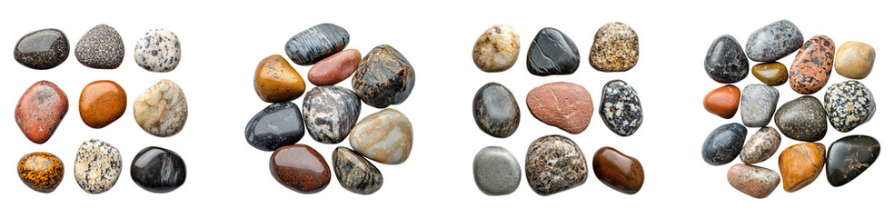 Collection of assorted river stones isolated on transparent background