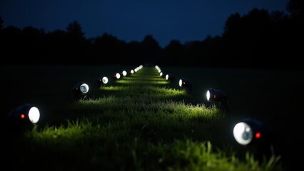 Children with flashlights, Rows of flashlights creating a glowing path across a night field photorealistic.