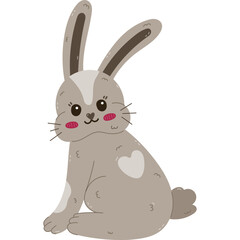 Lovely cartoon Easter bunny with heart fur blob on back, turned around with joyful face. Funny hand drawn fuzzy rabbit sticker for poster, card, design, web. Sign of religious springtime holiday.