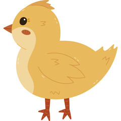 Lovely cartoon Easter baby chick side view. Hand drawn cute little hen or rooster, funny farm bird, poultry. Sign of religious springtime holiday. Seasonal chicken sticker isolated on white.