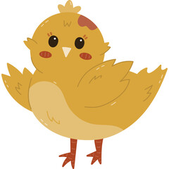 Lovely cartoon Easter chick character waving hello with wings. Cheerful hand drawn baby chicken as symbol of Easter, springtime, nature beginnings. Funny farm bird, poultry isolated on background.