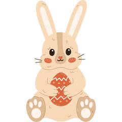 Lovely cartoon Easter bunny with painted egg in the paws sitting and smiling. Cute hand drawn fluffy rabbit as sign of Easter egg hunt at religious springtime holiday. Spring sticker for poster, card.