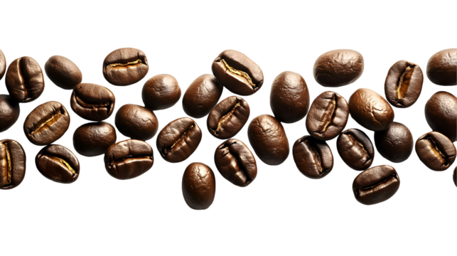 Scattered Coffee Beans Aromatic Brown Grains, Dark Background for Cafe Themes, isolated on transparent background.
