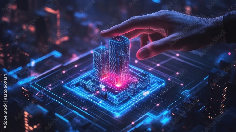 Poster hand interacting with glowing digital buildings on futuristic platform