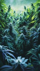 Dense Verdant Cannabis Jungle with Lush Green Leaves Backdrop for Cultivation and Medicinal Research