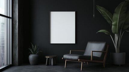 modern living room with armchair , blank white frame on black wall , plants in pot