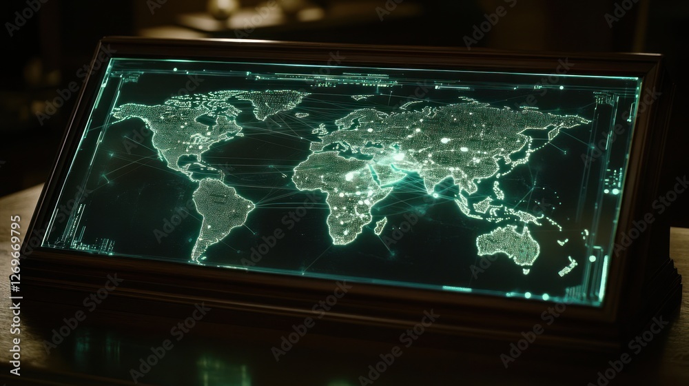 Poster World map display shows bright cities with connecting network lines