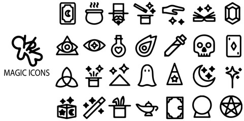 Magic simple concept 28 icons set. Contains such Fortune hat, genie, rabbit and bottle of potion, mystery objects, alchemy and esoteric book. Witch broom and cauldron and more .Vector illustration.