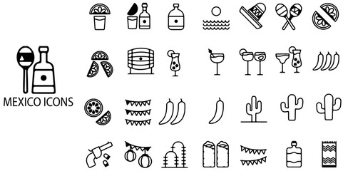 Mexico simple concept 28 icons set. Contains such maracas, nachos, taco, libre, mask, pinata and more .Vector illustration.