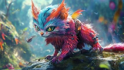 Fototapeta premium cartoon character colorful fantasy detailed realistic face digital A colorful, mystical creature in a vibrant forest.