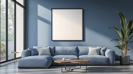 modern interior design with blue accent wall , minimalist framed artwork or picture , mockup poster frame  , and stylish blue  sofa with  pillows in a well-lit living space with green plants 