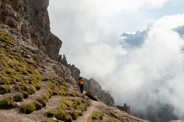 Mountaineer at Eppzirler Scharte, Karwendel mountains, Solsteinhaus hut on Karwendel Hohenweg, Austria