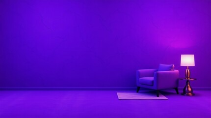 A purple room with a chair and a lamp. The room is empty and the chair is placed in front of the lamp