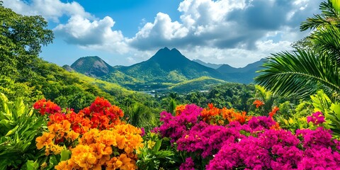 Obraz premium Vibrant Tropical Landscape with Blooming Flowers and Lush Mountains