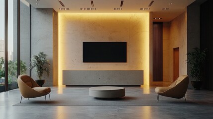 spacious office lobby features sleek digital signage board designed for branding opportunities. Comfortable seating and modern decor create inviting atmosphere for visitors.
