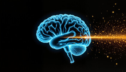 Fototapeta premium Abstract digital brain with neon-blue and gold energy pathways, illustrating machine learning processes