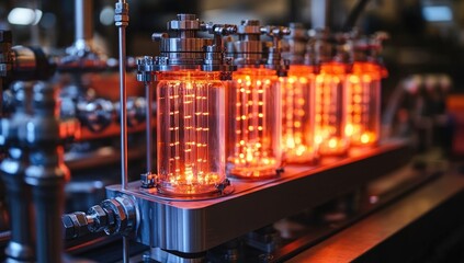 A series of illuminated glass containers in a laboratory setting, showcasing industrial equipment.