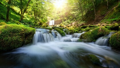 Fototapeta premium waterfall river stream in green nature forest landscape amazing nature