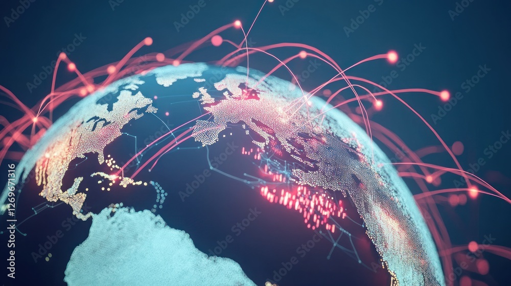 Poster abstract depiction of earth showing network connections globally spread
