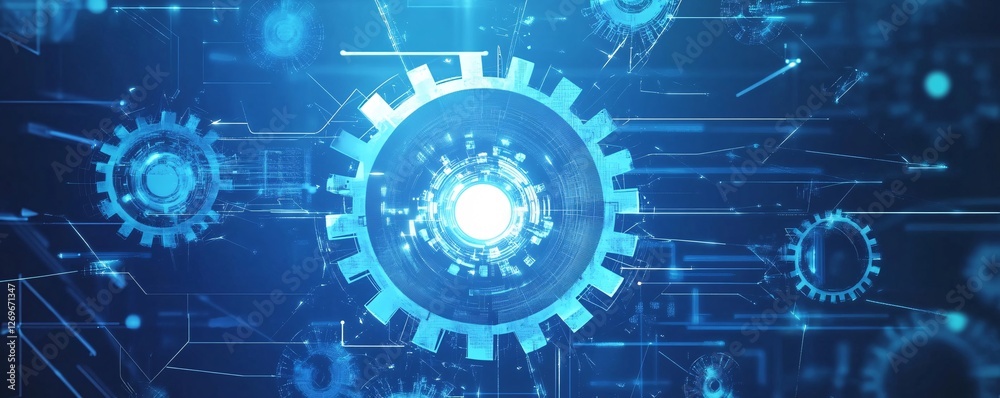 Poster Futuristic mechanism with glowing gears rotating on blue background