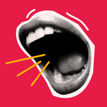 Dynamic pop art collage of an open mouth with halftone texture and bold graphic elements on red