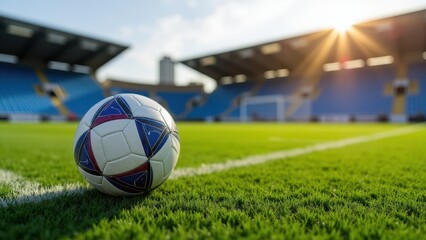 College brochures, Football on sports field goal post and bleachers in background photorealistic