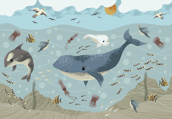 Underwater life mural for kids with sea animals. Vector. © Yumeee