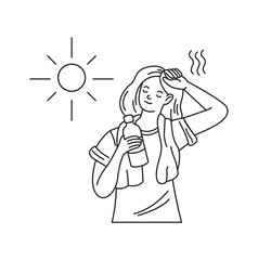 A girl feeling the summer heat while drinking a bottle of water, wiping sweat from her forehead, illustrated in a simple doodle-style with expressive lines.