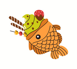 Illustration of a delicious Japanese taiyaki fish-shaped dessert filled with green tea ice cream and topped with sweet decorations in a fun vector style.