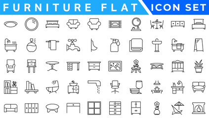 Furniture flat line icons set. Kitchen, bedroom, sofa table, bookcase closet, chair, mattress, lamps, ladder vector illustrations.