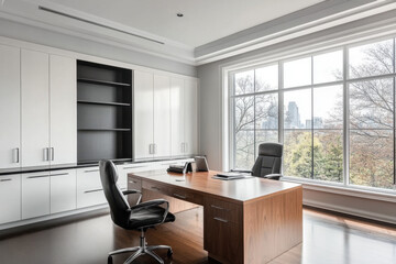 Fototapeta premium Modern office interior with contemporary furniture and large windows overlooking an urban landscape. 3D Rendering 