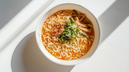 Close up shot of plate with instant noodles at a convenience store in Seoul.
