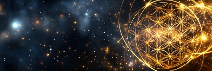 A glowing sacred geometric sphere featuring the Flower of Life pattern floats above a cosmic landscape, radiating golden light. Background is deep space with stars and nebulae