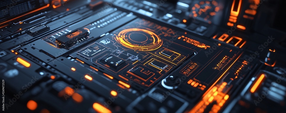 Poster Futuristic circuit board showing data processing with orange lights