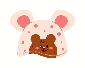 Flat vector illustration of a charming mouse-themed bucket hat featuring polka dot details, round ears, and a friendly bear print.