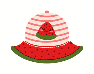 Illustration of a striped bucket hat designed to resemble a watermelon, complete with a juicy fruit motif and green details for a fun summer look.