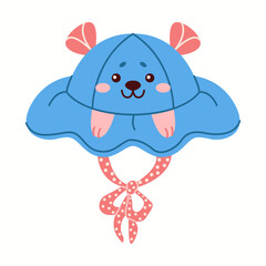 Illustration of a bear-inspired bucket hat in blue, featuring small ears, a playful face, and a wide wavy brim with polka dot ties.