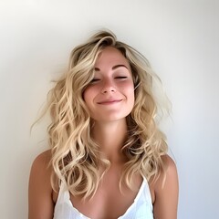 Fototapeta premium Cheerful Blonde Woman with Captivating Smile Against Clean White Background