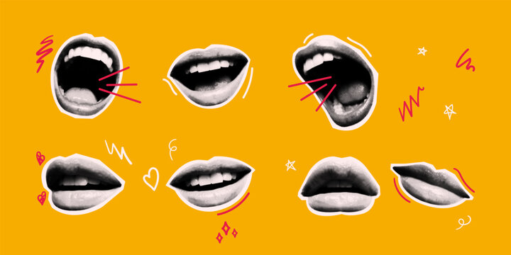 Retro pop art collage with expressive lips and bold graphic elements on bright yellow background