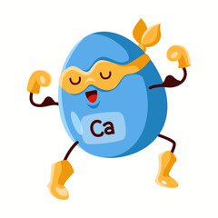 Illustration of a calcium superhero character flexing muscles, representing its importance in strong bones, teeth, and overall body health.