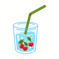 Illustration of a transparent glass filled with water, red berries, green leaves, and a drinking straw, promoting natural hydration.