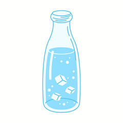 Illustration of a tall and elegant glass bottle filled with fresh drinking water and floating ice cubes, symbolizing purity and cooling refreshment.