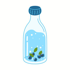 Illustration of a transparent glass bottle filled with water and fresh blueberries, symbolizing natural hydration and antioxidant benefits.